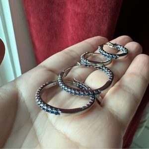 Silver-tone sapphire blue CZ hoop earrings with 925 sterling silver pins, 2 pair